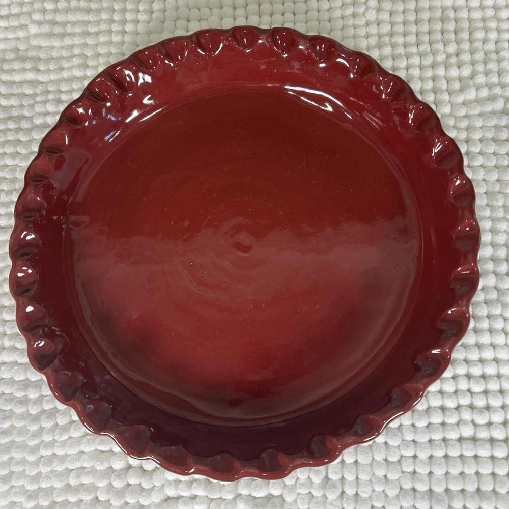 Bybee Pottery Burgundy Red Scalloped Rim Ceramic Pie Dish Signed BB Handmade KY